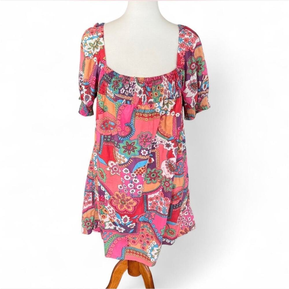 Boho Floral Patchwork Scoop Neck Dress in Pink